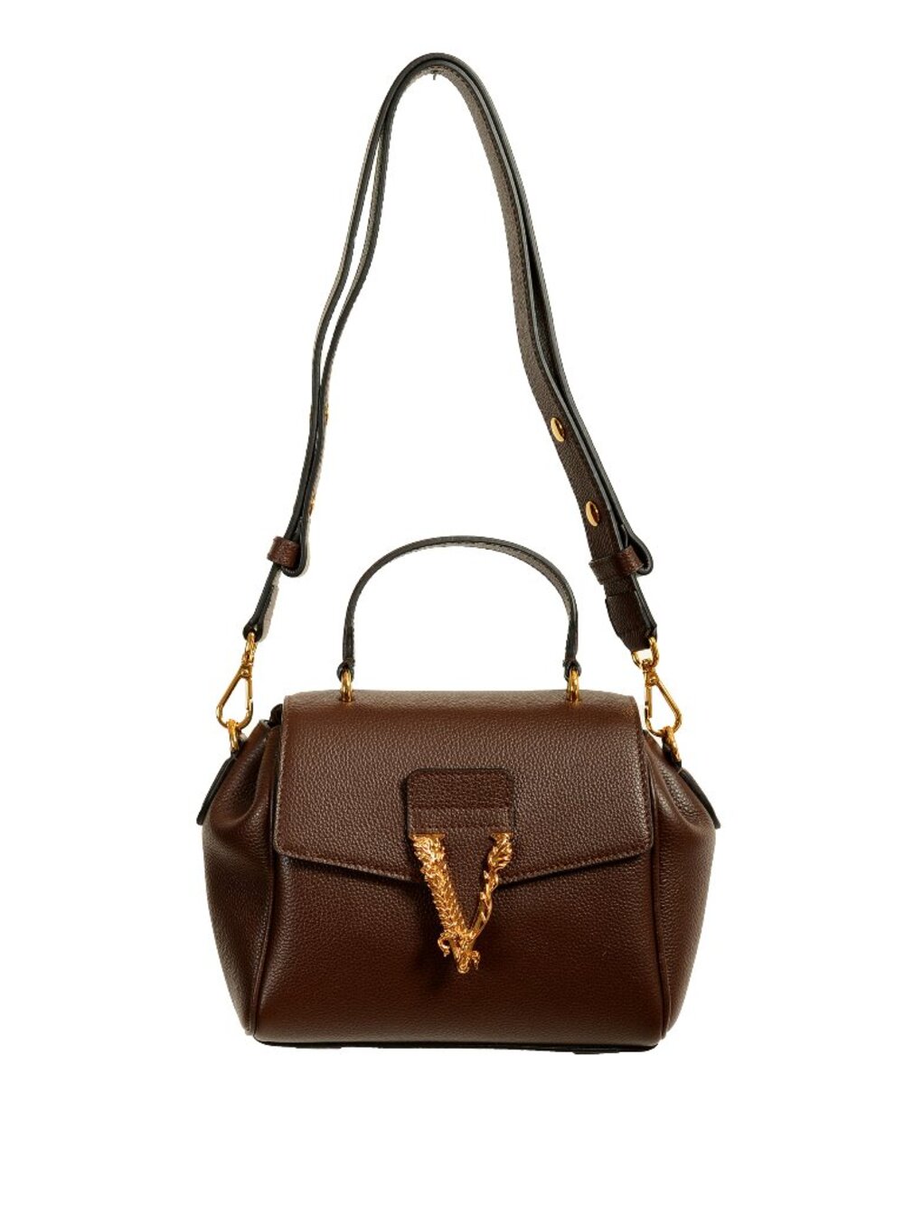 Versace Women's Brown Grainy Leather Gold V Logo Satchel Handbag Shoulder Bag